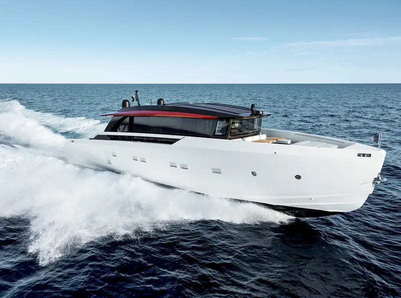 The SP92 planing hard, three-quarter view showing the low, sport-cruiser profile the range is built around.