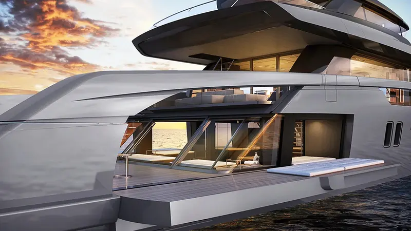 The starboard beach club opened up at dusk: the hull-side panel folds down to the waterline and the full-beam terrace becomes a single covered lounge from the swim platform to the aft deck sunpads.