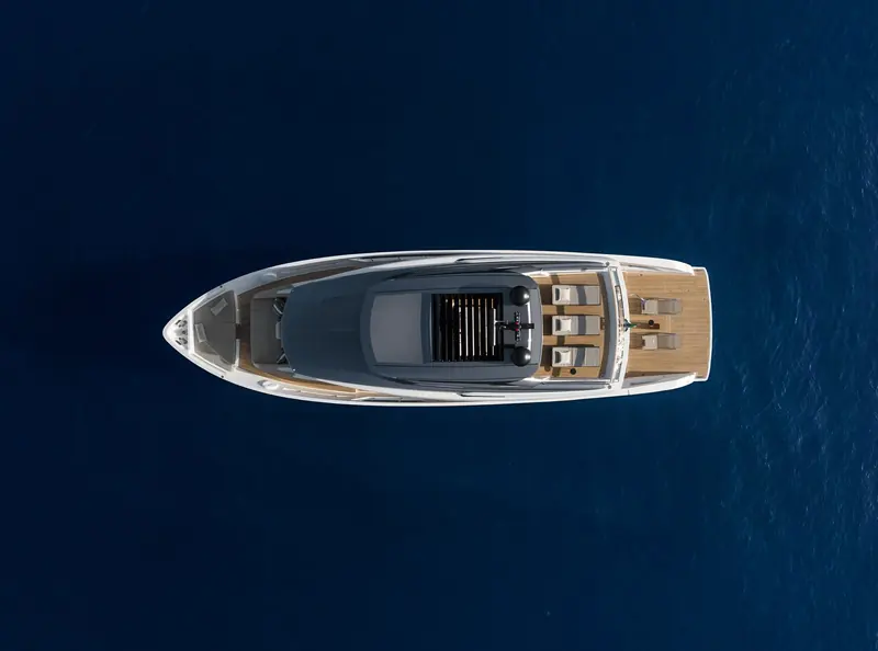 Directly overhead, showing the SX76's open beach-club-style foredeck and side decks.