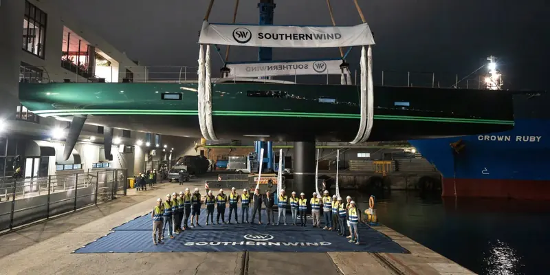 The build and delivery team gathers on the quay at Southern Wind's Cape Town yard for Fortissimo's launch.