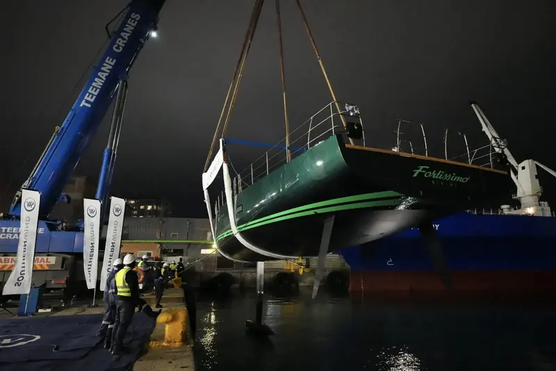 Fortissimo is lifted by crane during her launch at Southern Wind's Cape Town yard.