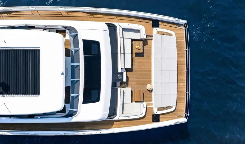 Overhead of the foredeck and flybridge, showing the solar array and the open-plan deck layout.