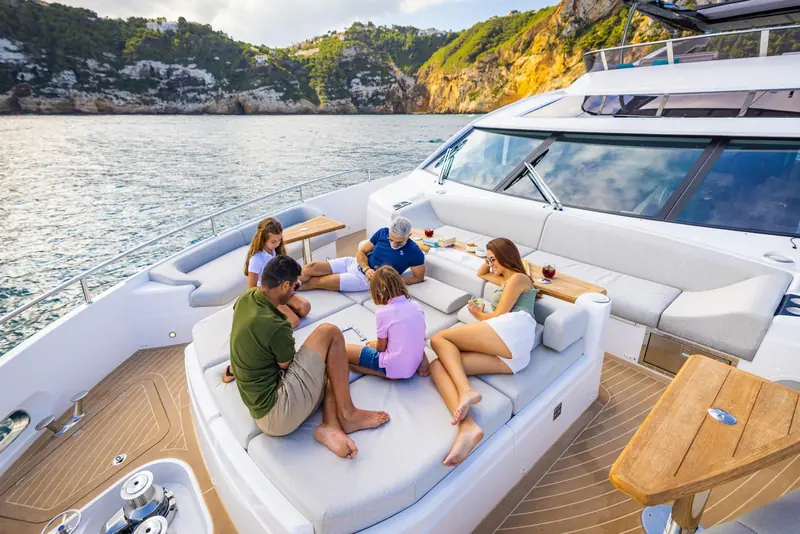 Underway off Mallorca, the raked hardtop and sculpted hull windows that mark the current Ocean range.