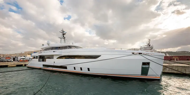 Genesi, Wider's 45 metre flagship, dockside shortly after her October 2015 launch.