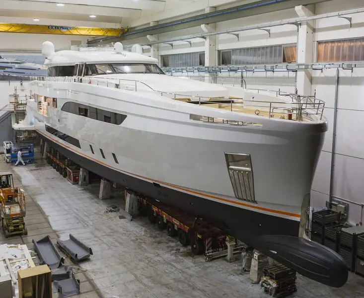 Genesi ready to leave her shed at the Wider Yachts facility in La Spezia.