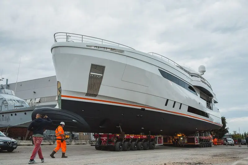 Genesi ready for launch, dressed overall at the Wider Yachts yard.