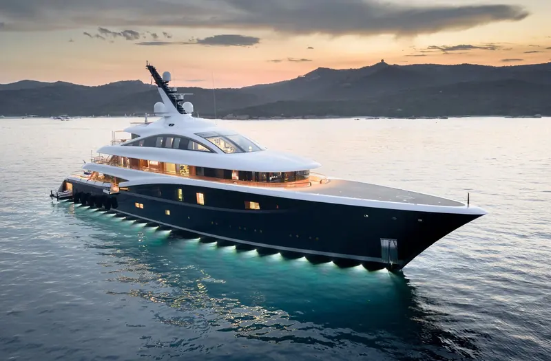 The same run at dusk, when the hull's near-black paint disappears into the water and only the lit windows read the deck plan.
