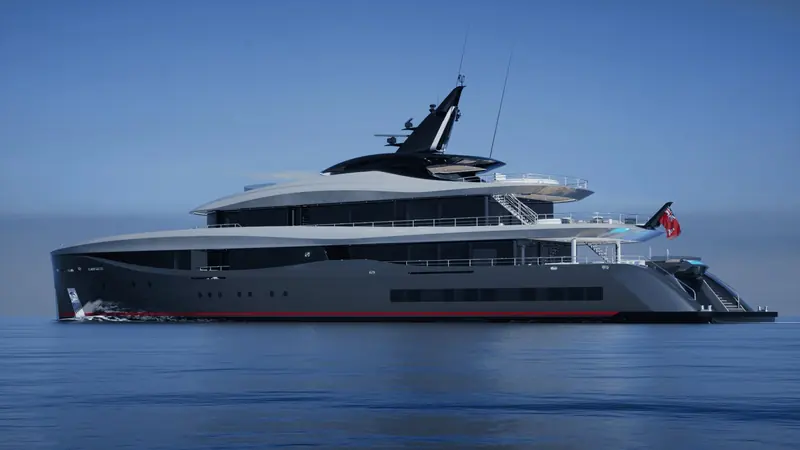 ARUBY underway on her sea trials, the grey hull and red boot-stripe of Abeking & Rasmussen's own flagship design cutting a flat wake off the bow.