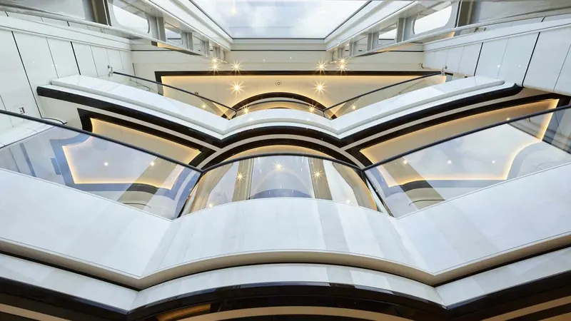 The atrium skylight, its faceted glazing throwing angular light down through the stairwell.