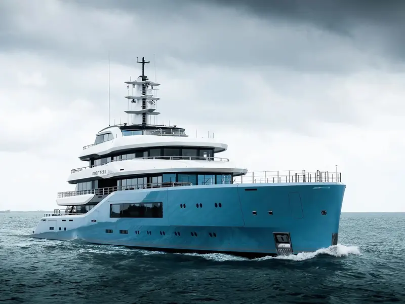 Under grey skies and making way, the hull's dark blue paint scheme and blunt, seakeeping-first bow are visible against a choppier sea than the usual brochure flat calm.