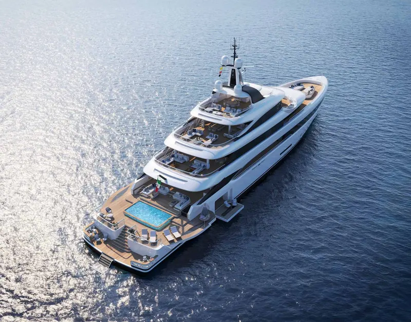The B.Now 72M underway, her four-deck superstructure and full-beam swim platform pool visible from above.