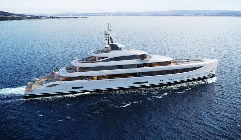 Running a sea trial off a northern coastline, the raked bow and glazed hull windows of the B.Now line on display.