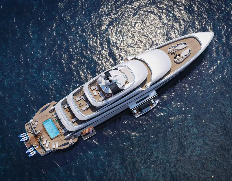 Overhead, showing the beach club tenders on davits, foredeck sunpads and the enclosed bridge deck lounge.