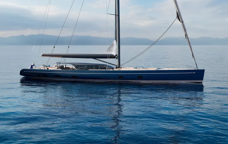The Swan Alloy 44 under sail, her dark hull and single mast rendered against open water.