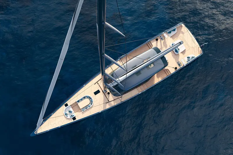 An overhead view of the Swan Alloy 44's deck plan, from the bow to the twin wheels aft.
