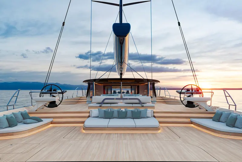 Twin wheels and a low coachroof frame the view forward from the Swan Alloy 44's aft deck.