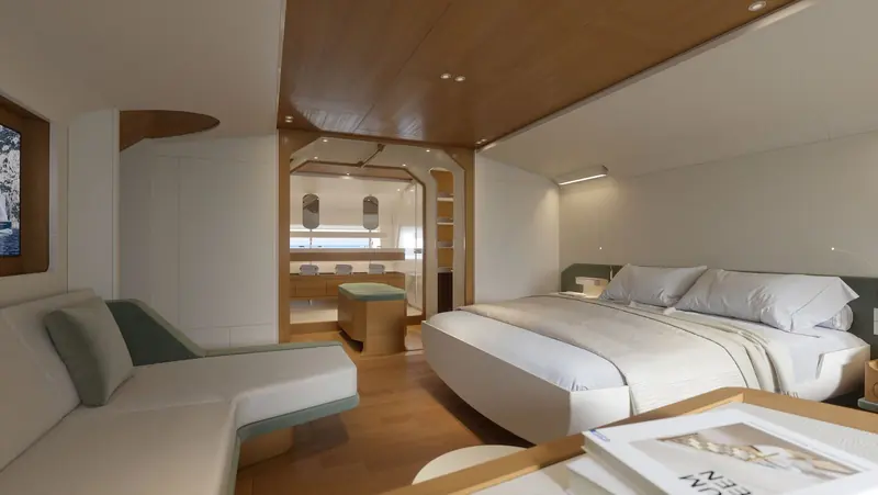 A guest cabin aboard the Swan Alloy 44, finished in the light woods and pale upholstery of the Studio Liaigre interior.