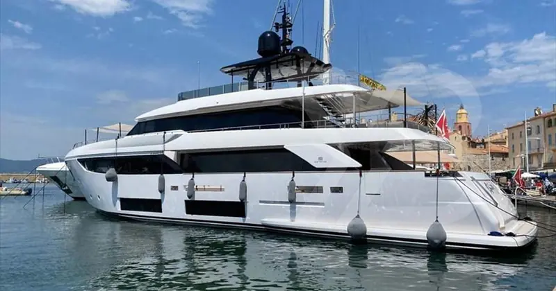 Alongside in Saint-Tropez, the Navetta 33's flared bow and full-beam upper deck are visible over a 262 GT hull built across three decks.