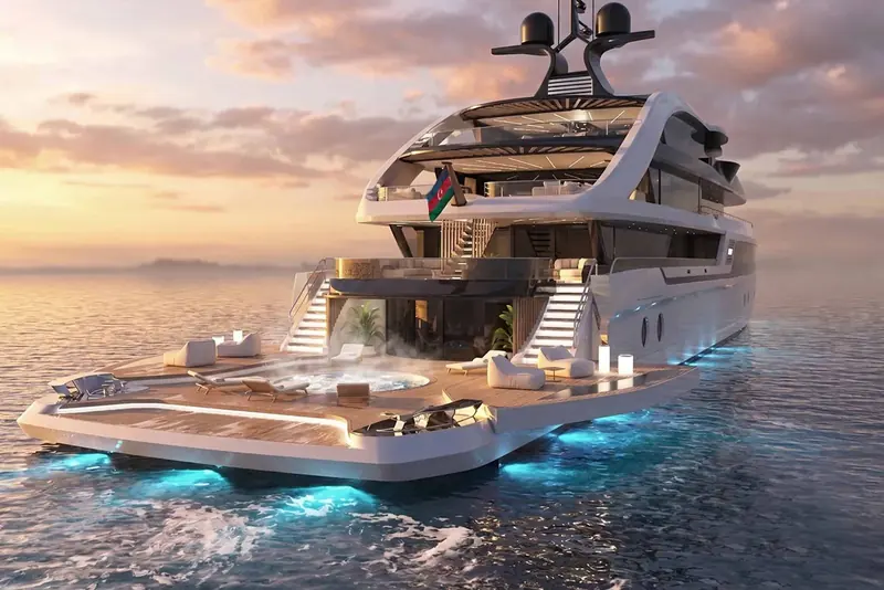 Abbasli Design's Mava concept, a 70-metre motor yacht built around an aft beach club with a sunken spa pool, unveiled at the Monaco Yacht Show 2026.
