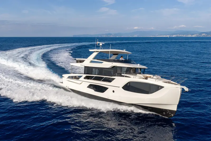 The Absolute Navetta 66 Aurora, the range-topping premiere at 19.63 metres with a fifth cabin near the waterline.