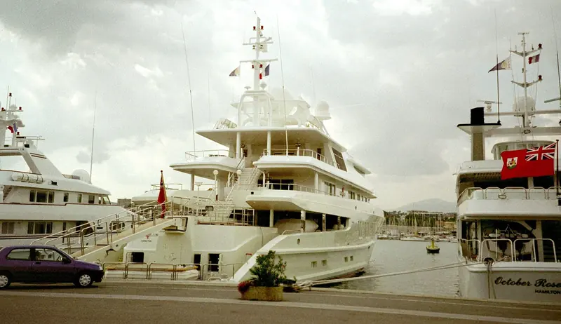 Coral Island, as she was in 1995, alongside at Port Vauban in Antibes the year after her Lurssen delivery. Ahoy Club's rebuild later renamed her Coral Ocean.