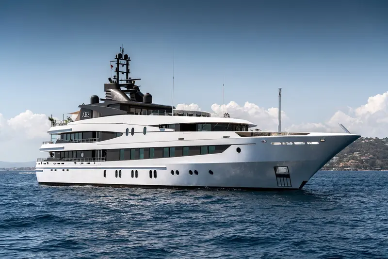AHS, the 66m Oceanco rebuilt from the 2005-built Dilbar, at anchor off the French Riviera before her latest price cut to EUR 39.9m.