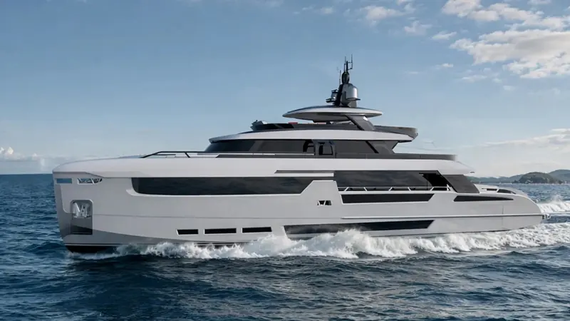 Soie under way in Alperen Aslan's concept renderings: monolithic dark-glass bands and a vertical bow give the 35-metre profile its athletic silhouette.
