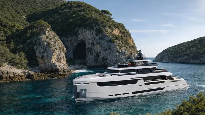 The concept places Soie in a rocky Mediterranean anchorage - Aslan's renderings lean on real cruising grounds rather than a studio backdrop.