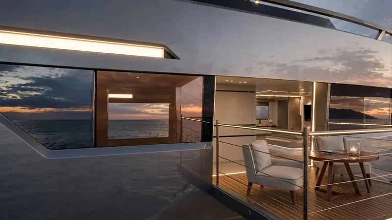 A rendering of the mechanical fold-out hull balcony deployed from the main-deck master suite, opening onto a private open-air terrace at anchor.
