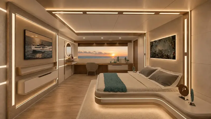 The main-deck master suite as rendered: dedicated dressing and vanity area, floating furniture and a full-beam window wall.