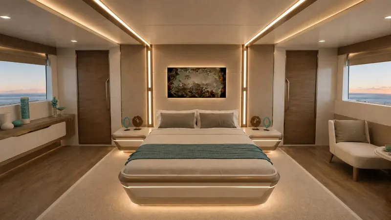 A second rendering of the master suite shows the recessed LED detailing and rounded-edge cabinetry that recur through Soie's interior.