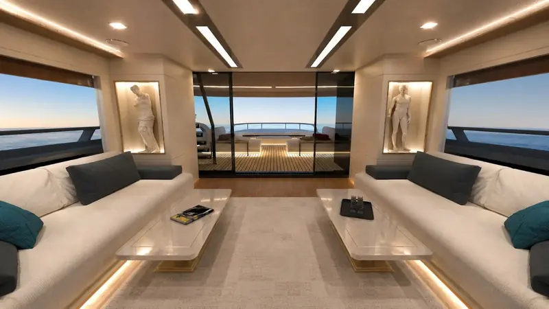 The main saloon, rendered with sliding glass to the aft deck and the open-plan layout Aslan designed around entertaining.