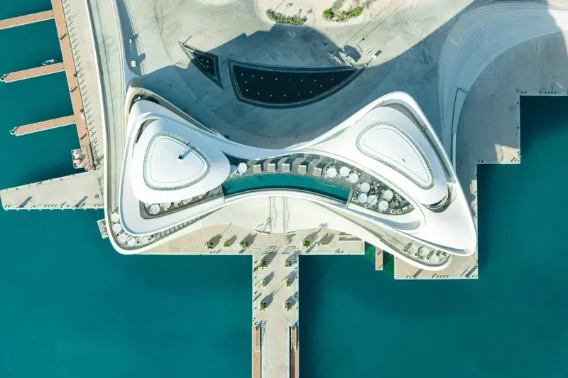 The yacht club's rooftop pool deck and terraces seen directly overhead