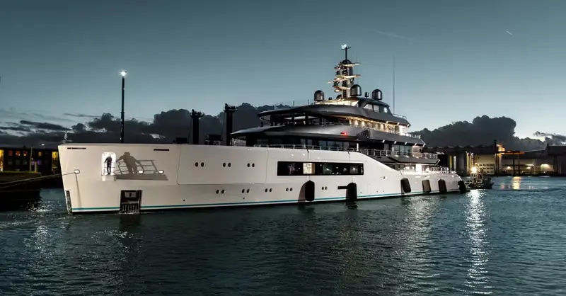 Pangea lit up against the harbour at Vlissingen on the evening of her delivery from the Damen Yachting shed.