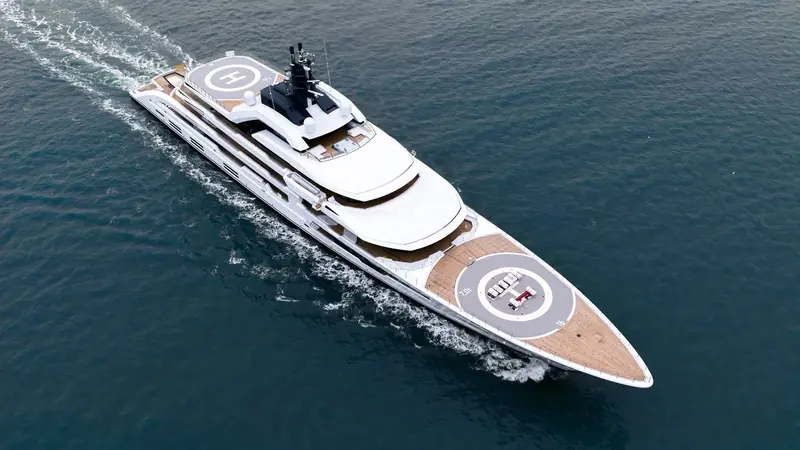 Project Tanzanite on sea trials in the North Sea, her twin helipads fore and aft showing the scale of a 120-metre, 6,083 GT full-custom hull.