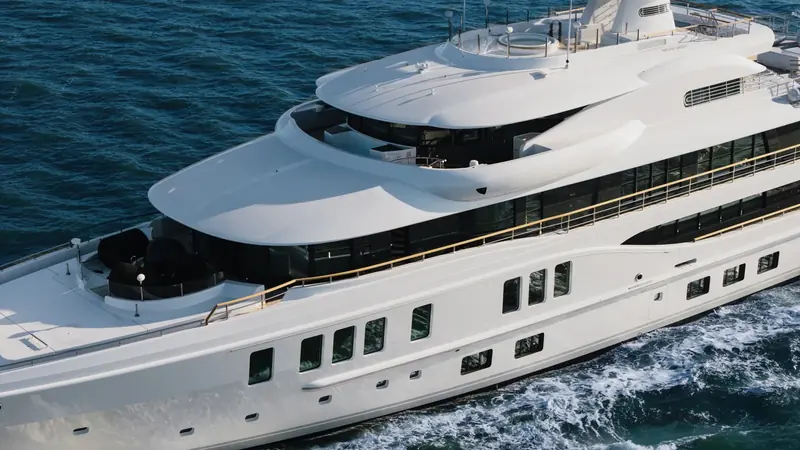 Synthesis's aft deck and sundeck, photographed close aboard as she left Damen Yachting's Vlissingen yard.