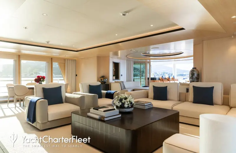 The main saloon aboard Synthesis, Winch Design's award-winning interior, photographed before the 2026 refit.