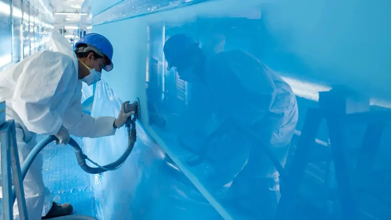 Technicians in protective suits spray a hull inside one of the yard's paint sheds.