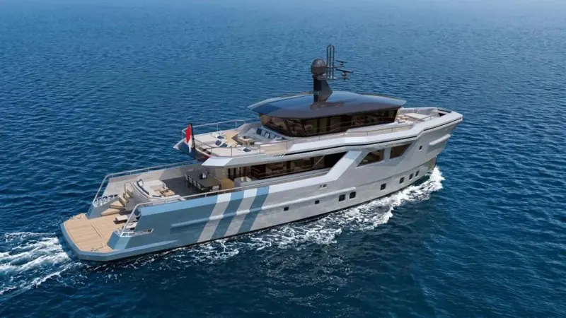 Design rendering of the XPD95 underway: Sculli & Covini's low, flared profile, released by Antonini Navi with the first-unit sale on 4 September 2026. No hull exists yet; delivery is set for 2028.