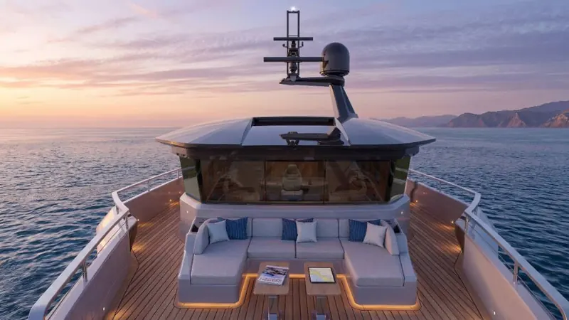 Design rendering of the XPD95's aft cockpit lounge, part of the 44 sq m main-deck living space the yard has built the layout around.