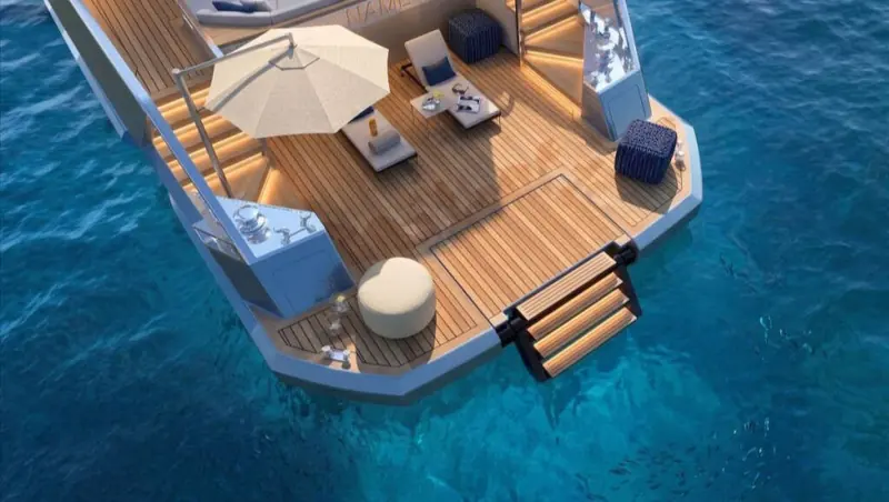 Design rendering of the fold-down swim platform and beach area, roughly 35 sq m and convertible into a seaside terrace.