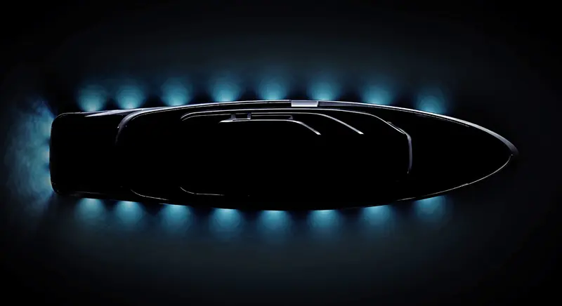 Arcadia Yachts' first teaser render of the A125, shot from above: the four-deck flagship's glass-topped saloon and sliding sides are lit from below ahead of full details due in the coming months.