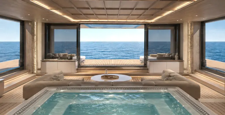 The waterline beach club hides an indoor pool, sauna, hammam and gym behind Ciappaira's stone-faced transom.