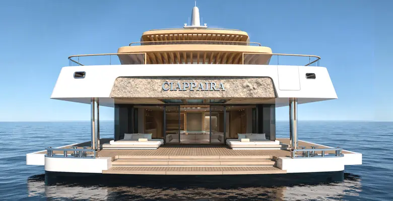 Ciappaira's stone-faced transom, designed around the secluded Monaco cove the yacht is named for.