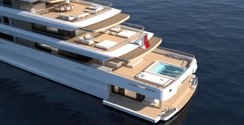 The Family Deck aft holds a family lounge, separate from the owner's private alfresco area forward.