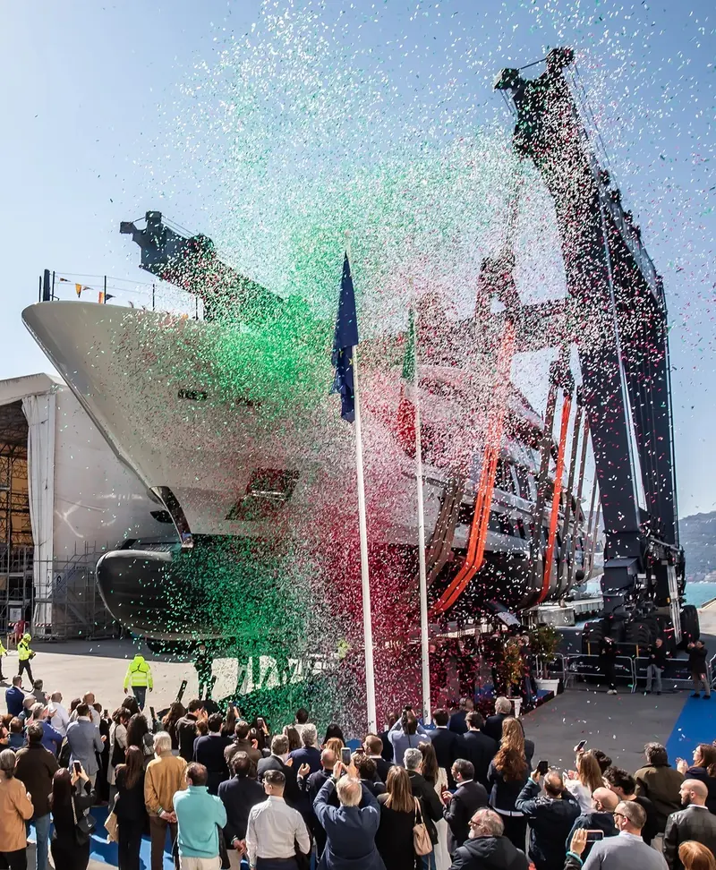 The full height of the hull from the quay. Five decks of steel and aluminium, and the last Baglietto to hold the size record was Vicky at 59.4 metres in 2008.