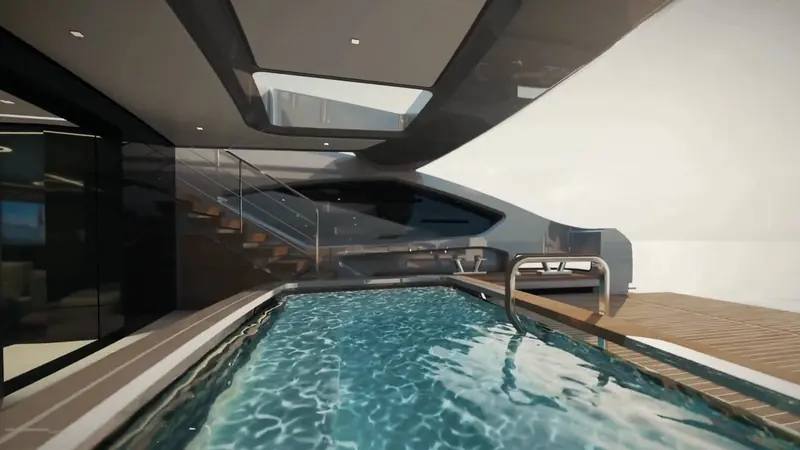 RENDER, not a photograph: the yard's image of the beach lounge pool. Baglietto describes the beach area, main saloon and dining area as one continuous space of nearly 100 square metres over two levels.