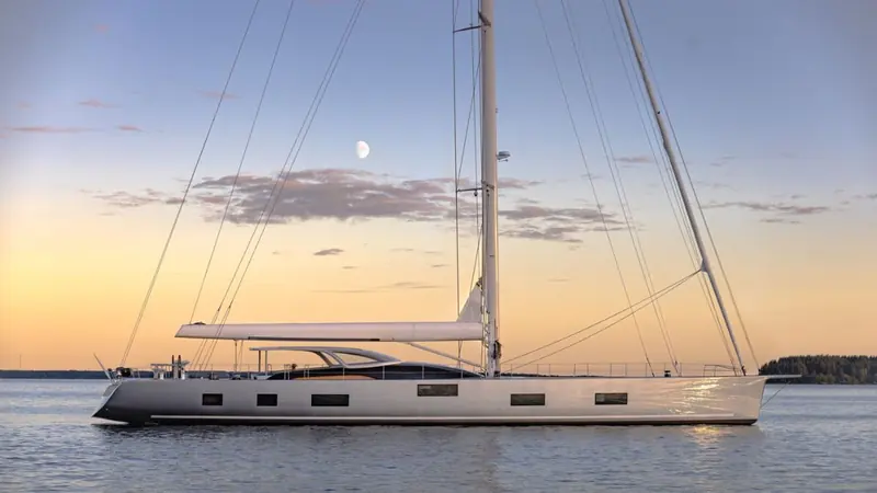 Alice at anchor at sunset off Finland's west coast, days after her August 2026 handover from Baltic Yachts.