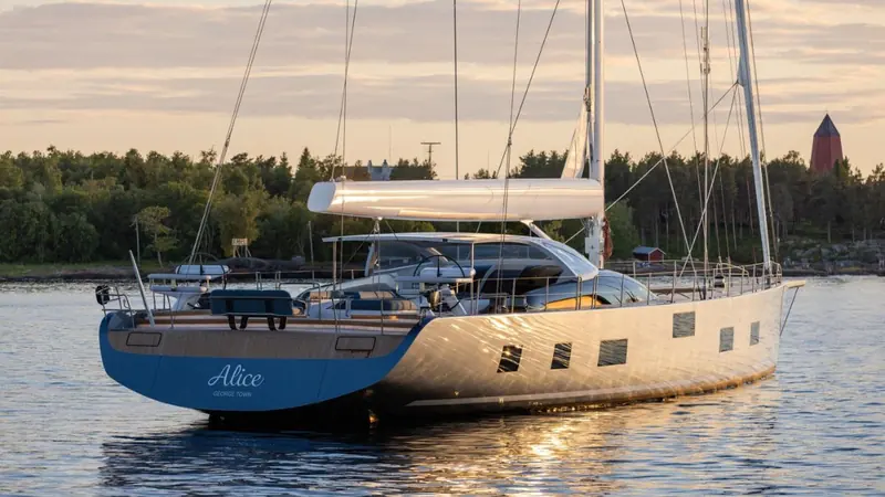 Alice's transom, showing her George Town registry. The 37.08-metre carbon sloop was delivered roughly 26 months after her June 2024 contract.