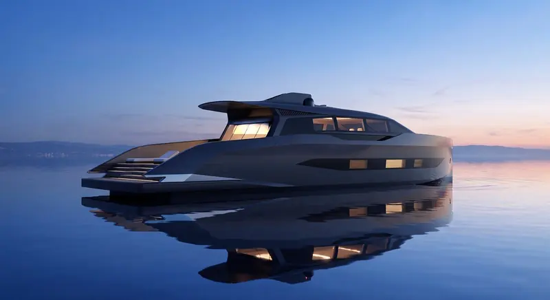 BAZ Yacht Design renders the Mobu 33 concept at dusk - the 33-metre profile carries a low, dark superstructure over a light hull.